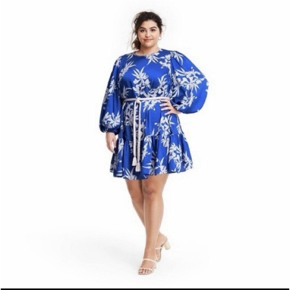 ALEXIS x Target Dress Women Blue Floral Tiered Ruffle Rope Belt Ballon Sleeve 4X